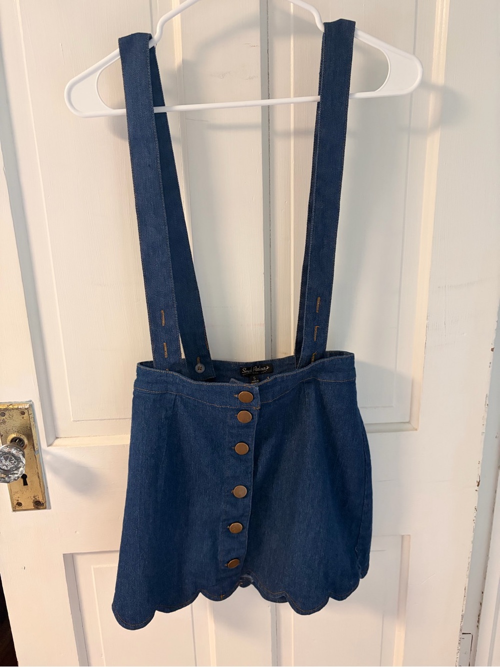 Denim Suspender Skirt with Scalloped Hem